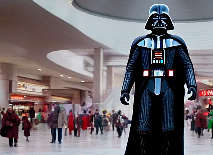 Prompt: film still of Darth Vader goes to the mall at Christmas time in the new Star Wars movie, 4k