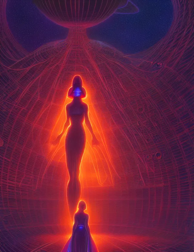 Prompt: glowing woman silhouette in a hyperspace palace, tim hildebrandt, wayne barlowe, bruce pennington, donato giancola, trending on artstation, cinematic composition, raytracing, beautiful lighting, hyper detailed, 8 k, oil on canvas