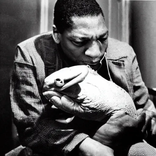 Prompt: john coltrane snuggling a big toad