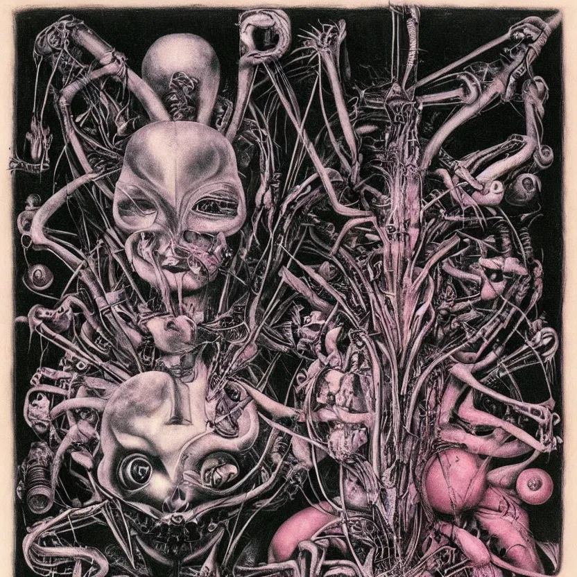 Prompt: post - punk new age album cover, asymmetrical design, alien? magic, apocalypse, psychedelic, highly detailed, black white pink, magic, giger h. r., giuseppe arcimboldo