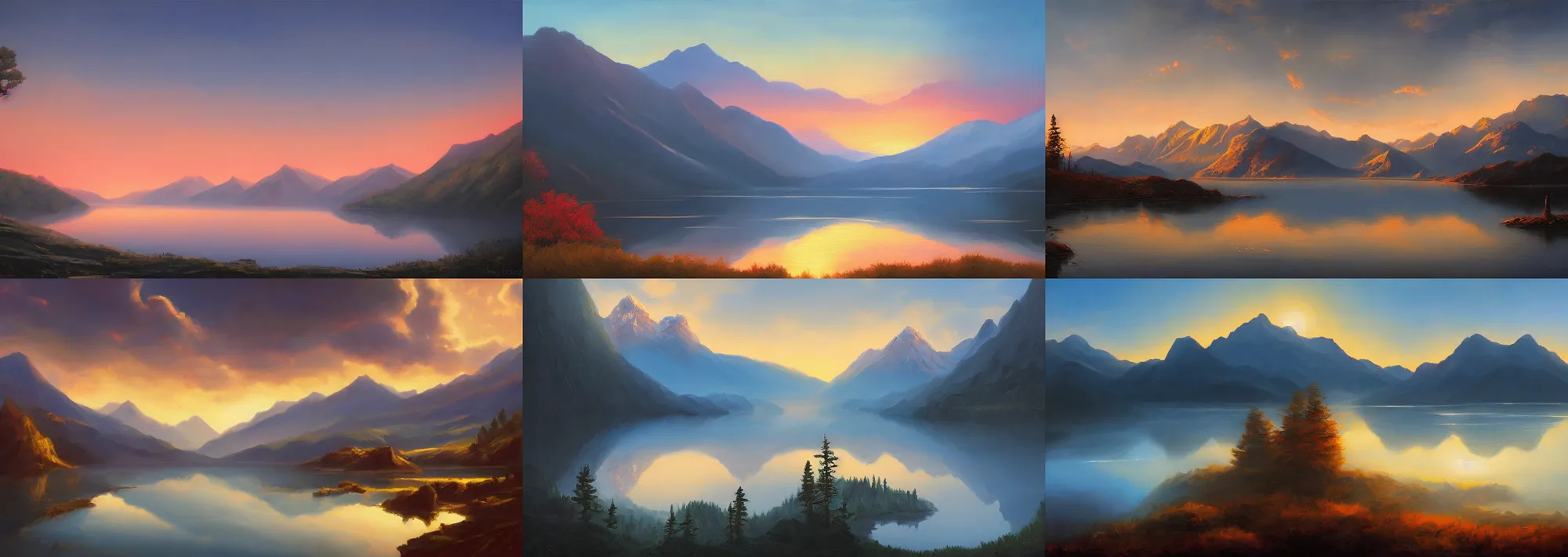 Prompt: painting of a beautiful landscape, mountains, lake, first light by noah bradley