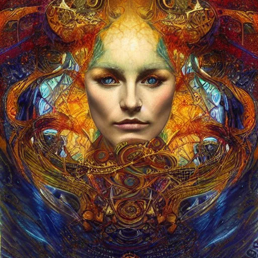 Prompt: Divine Chaos Engine by Karol Bak, Jean Deville, Gustav Klimt, and Vincent Van Gogh, beautiful visionary mystical portrait, sacred geometry, otherworldly, fractal structures, ornate gilded medieval icon, third eye, spirals