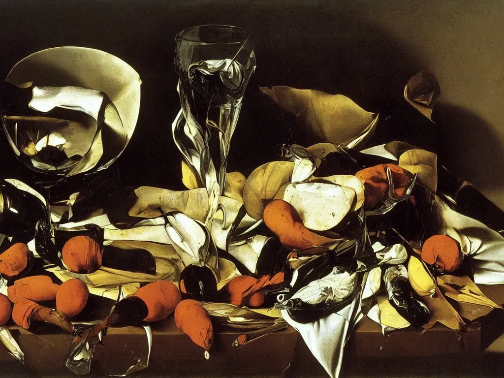 Image similar to by Michelangelo Merisi da Caravaggio Still Life with shattered and whole wine bottles