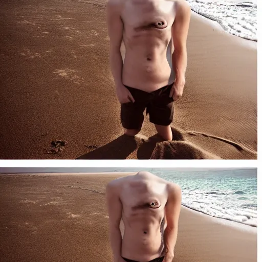 Prompt: nosferatu puting sunscreen on his body on the beach, realistic detailed photography