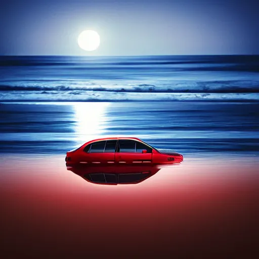 Prompt: a car floating in the ocean, moon light, reflections, amazing, award - winning