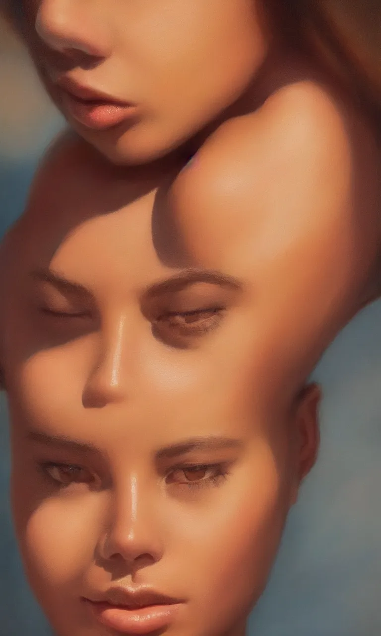 Image similar to a face portrait of a beautiful girl enjoying the warm sunlight, cuban setting, close - shot, symmetrical face, warm colors, soft lighting, atmospheric, cinematic, moody, in the style of diego koi, gina heyer, luiz escanuela, art by alyssa monk, hyperrealism, rule of thirds, golden ratio, oil on canvas, 8 k