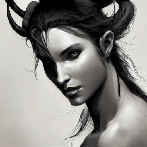 Image similar to highly detailed beautiful black and white photography of a tiefling, sharp focus, dynamic lighting, elegant harmony, beauty, masterpiece, by riccardo federici, by craig mullins, by greg tocchini, by greg rutkowski