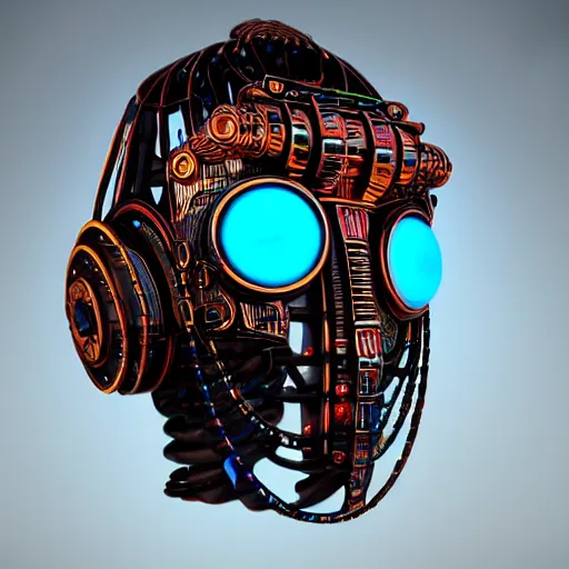 Prompt: a glossy claymodel of a steampunk aztec futurism robot head with glowing headphones, 8 k, symetrical, flourescent colors, halluzinogenic, multicolored, very detailed, black background, 3 d render,