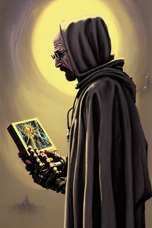 Image similar to painting of walter white as a cloaked tech priest holding a book, adeptus mechanicus!, cybernetic enhancements attached to his body, praise the omnissaiah, zdzislaw beksinski, lewis jones, mattias adolfsson, warhammer 4 0 k!!, cold hue's, warm tone gradient background, concept art, digital painting