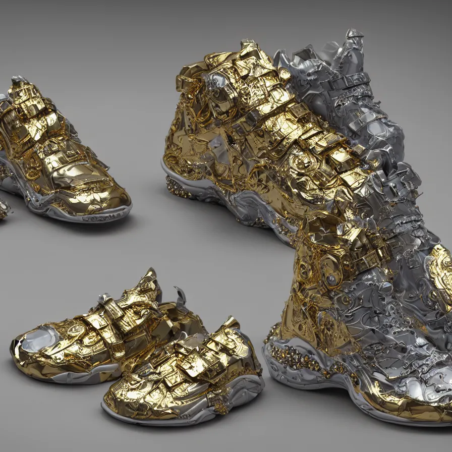 Image similar to futuristic balenciaga sneakers, nft art, highly detailed, hyper realistic, a ton of bussdown iced gold bling in wallace & gromit strata - cut claymation, ultra realistic, concept art, intricate details, serious, highly detailed, photorealistic, octane render, 8 k, unreal engine