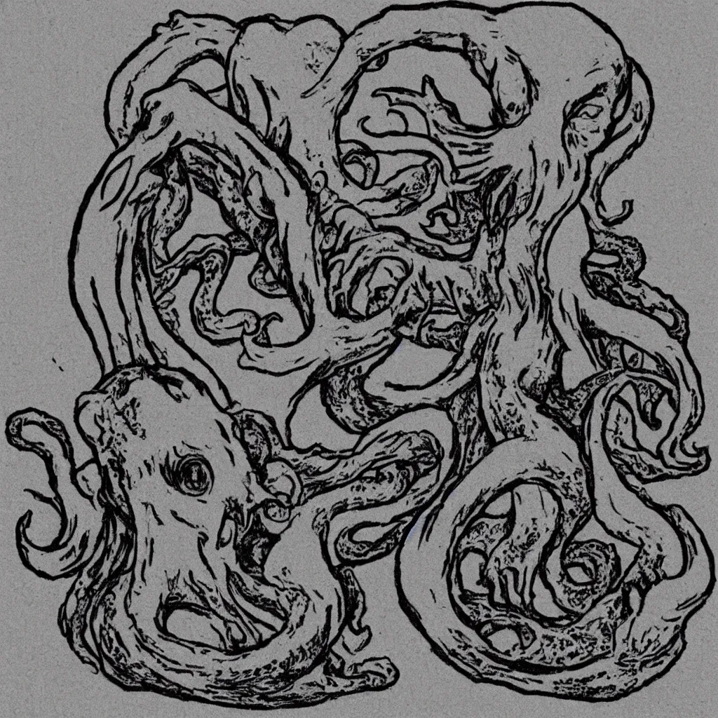 Image similar to a cute cthulhu icon drawn in the style of rockwell kent