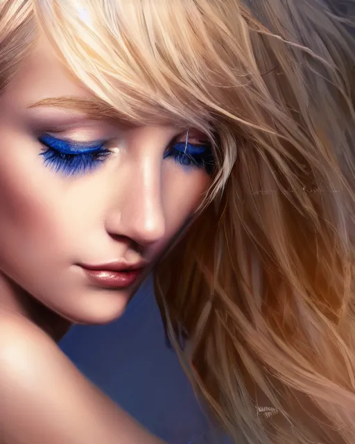 Prompt: closeup of beautiful blonde female with blue eyes, award winning portrait photography, extremely detailed, artstation, 8 k, sensual lighting, incredible art, wlop, artgerm, backlit, rim lighting, hi - fructose, cellshading, intricate lineart