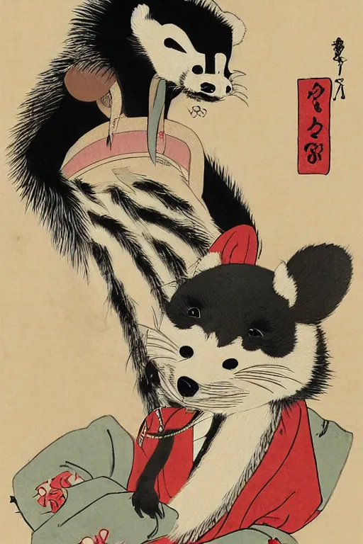 Image similar to ukiyo-e ukiyoe portrait of furry anthro anthropomorphic badger head animal person fursona wearing clothes sitting in a living room