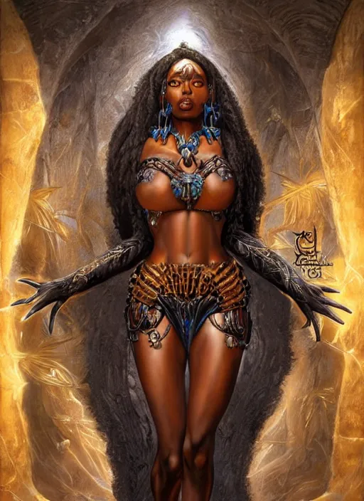 Image similar to a highly detailed symmetrical full body painting of a dark skinned female amazon sorceress with piercing beautiful eyes in dark tomb setting, dynamic lighting, ambient lighting, deviantart, art by artgerm and karol bak and mark brooks