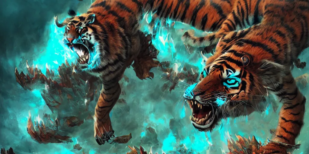 Image similar to Ghostly tiger creature made out of turquoise energy character design sheet, Monster Hunter Illustrations art book, Bright sparks, claws, huge sabertooth fangs, Moebius, Greg Rutkowski, Zabrocki, Karlkka, Jayison Devadas, Phuoc Quan, trending on Artstation, 8K, ultra wide angle, zenith view, pincushion lens effect.