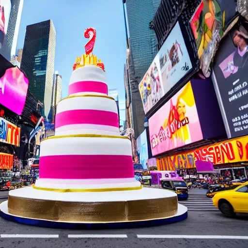 Image similar to 5 0 ft high birthday cake in the middle of times square, canon eos r 3, iso 2 0 0, 1 / 1 6 0 s, 8 k, raw, unedited, symmetrical balance, in - frame