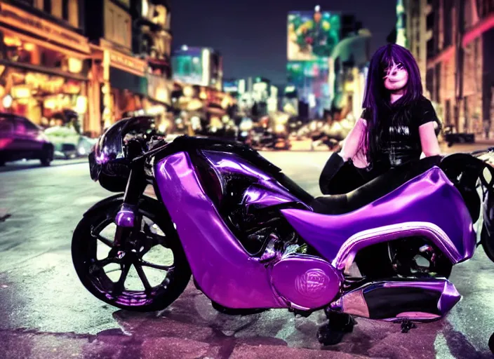 Prompt: a girl with black and purple hair looks at a futuristic motorbike, the girl wears a bike suit, the scene is a street by night with street food shops and neon lights, the bike has lots of chrome, ultra realistic, trending, street scene