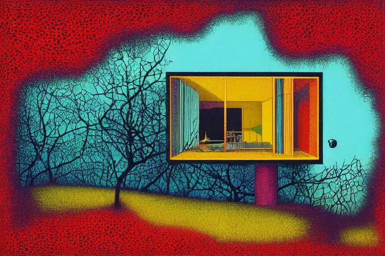 Image similar to surreal glimpse into other universe, house by mies van de rohe, summer morning, very coherent and colorful high contrast, art by!!!! gediminas pranckevicius!!!!, geof darrow, floralpunk screen printing woodblock, dark shadows, hard lighting, stipple brush technique,