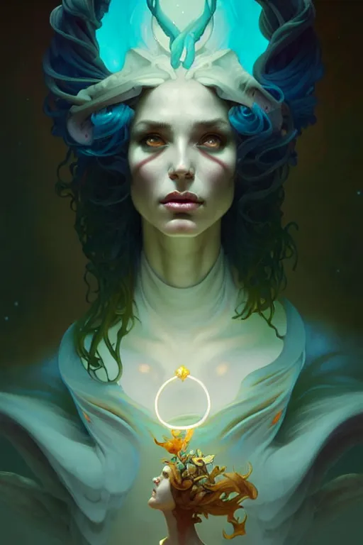 Image similar to portrait, bioluminescent druid, elegant baroque, asymmetrical art, hyperrealism, colorful, vivid, imposing, epic, digital painting, artstation, concept art, by peter mohrbacher and wlop and rhads and artgerm and magali villeneuve and alphonse mucha