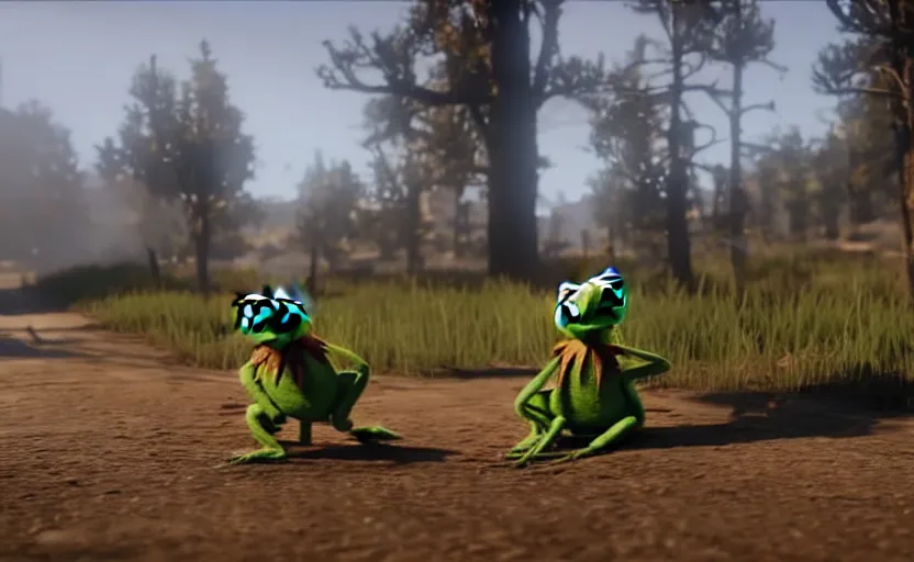 Image similar to kermit the frog in red dead redemption 2, cinematic shot