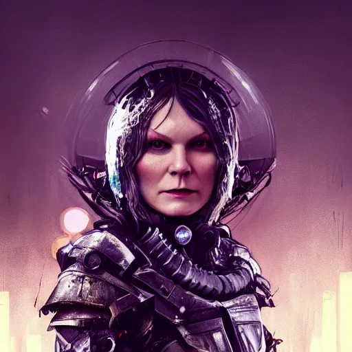 Image similar to kirsten dunst portrait, dystopia core, apocalyptic, armor, warrior, dramatic, sharp focus, fiction, neon, fantasy, hyper detailed, digital art, trending in artstation, cinematic lighting, studio quality, smooth render, unreal engine 5 rendered, octane rendered, art style and nixeu and wlop and krenz cushart