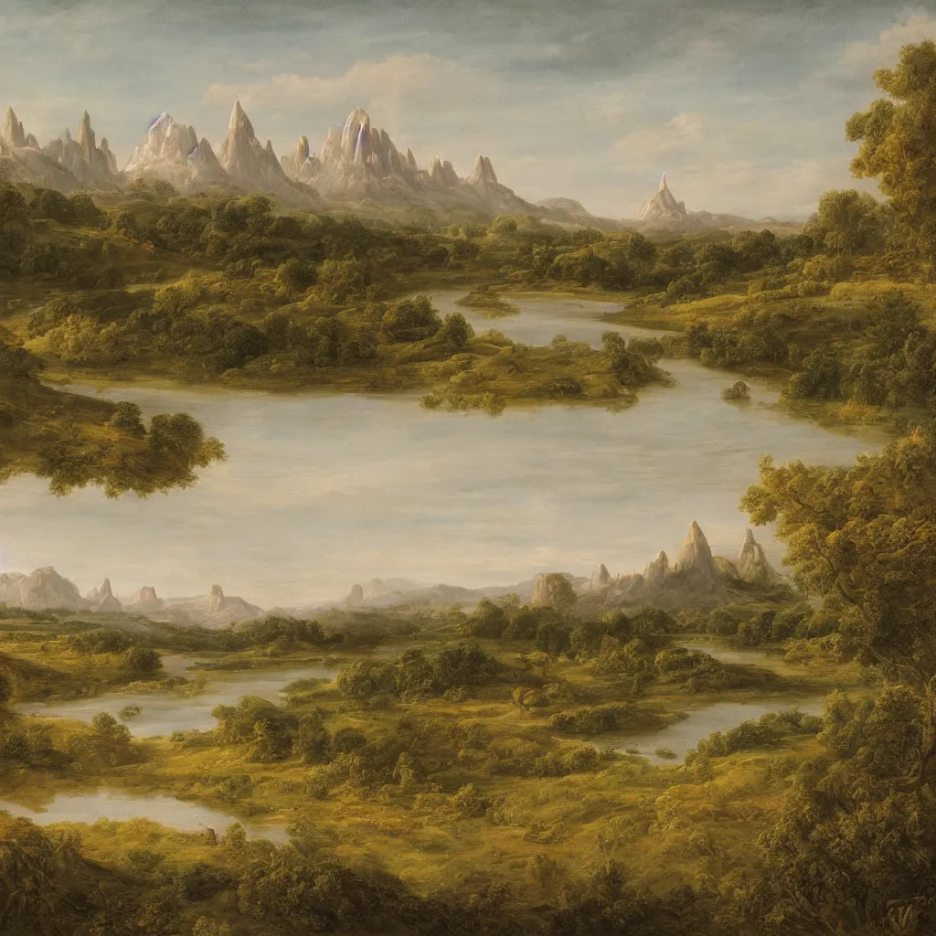 Image similar to a wide angle landscape of a prairie with a very large thin spire mountain in the distance and a wide river running in the middle of the frame with a city upon the river in the style of rococo digital painting