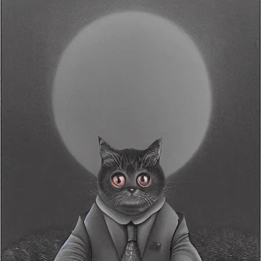 Image similar to cat in a suit in the style of zdzisław beksinski