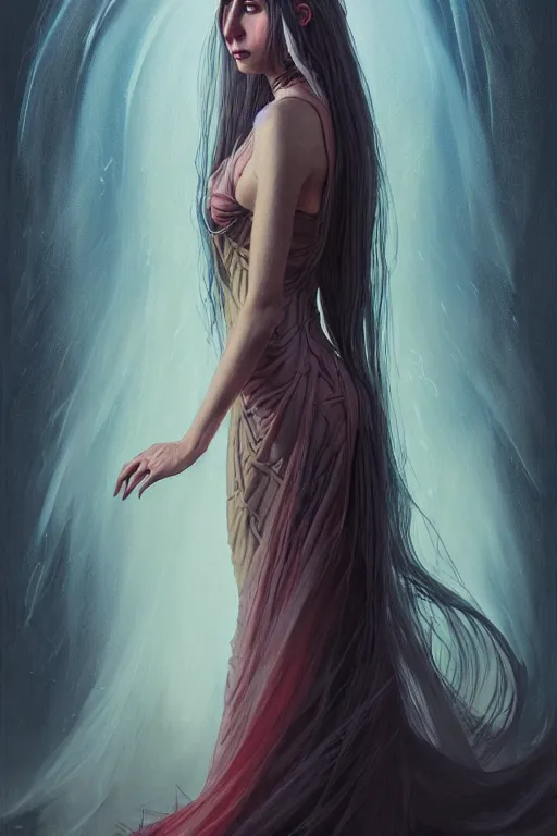 Prompt: portrait of a female wizard in flowing sensual dress, long flowing hair, delicate, looking at camera, slightly smiling, realistic face, stylish, elegant, grimdark fantasy, extremely detailed painting inspired by Gerald Brom and Simon Stalenhag, studio lighting