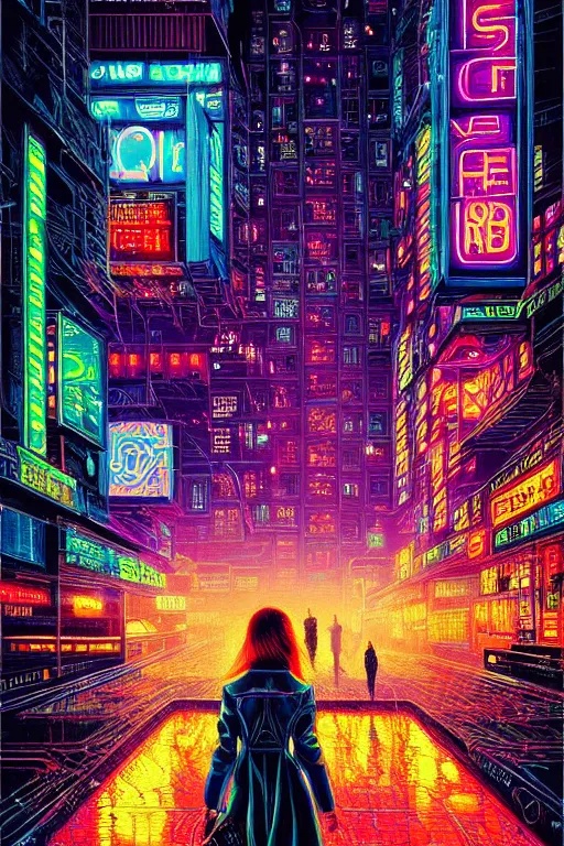 Image similar to dreamy cyberpunk girl, neon coat, detailed acrylic, city bar, intricate complexity, by dan mumford and by alberto giacometti, peter lindbergh