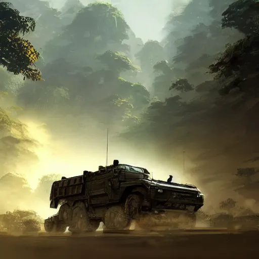 Image similar to an armored vehicle driving through the jungle, dramatic lighting, illustration by Greg rutkowski, yoji shinkawa, 4k, digital art, concept art, trending on artstation