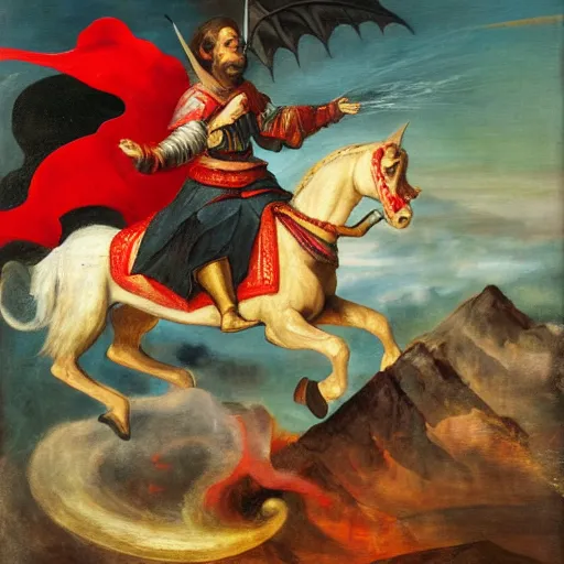 Prompt: Kublai Khan riding a flying, laser breathing dragon, Delacroix oil painting, modern art exhibition