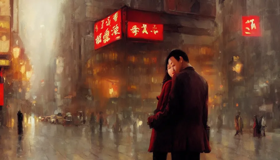 Image similar to in the mood for love, cinematic shot, oil painting by jama jurabaev, extremely detailed, brush hard, artstation, for aaa game, high quality, brush stroke