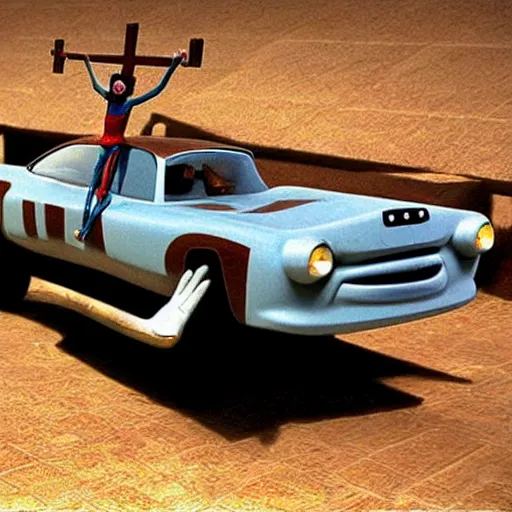 Image similar to car jesus christ on the cross crucifixion as a car, as a car from the movie pixar's cars 2,