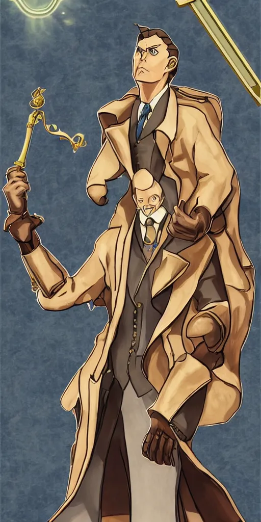 Image similar to the judge from Ace Attorney with a beam scale in one hand. Tarot card Justice, impressive art, detailed, single subject, high quality