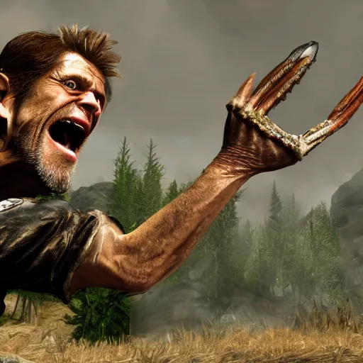 Image similar to willem dafoe in skyrim fights with a mud crab