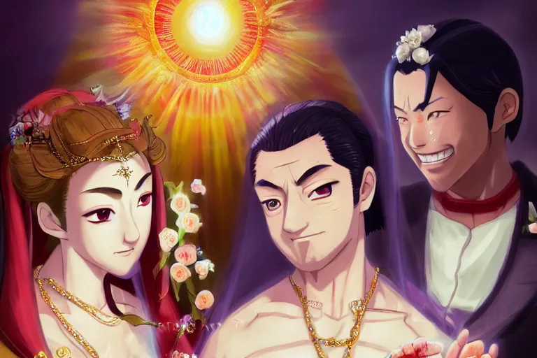 Image similar to a cinematic portrait of wedding photograph jpeg close up moment of a divine a japan sun god and moon goddess lovers magician at a wedding banquet. portraiture. digital painting. artstation. concept art. wedding photo. digital painting. naruto the movie art masterpiece by art by krenz cushart