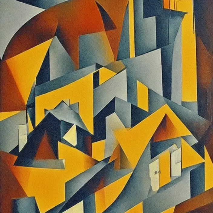 Image similar to a building in a serene landscape, cubism