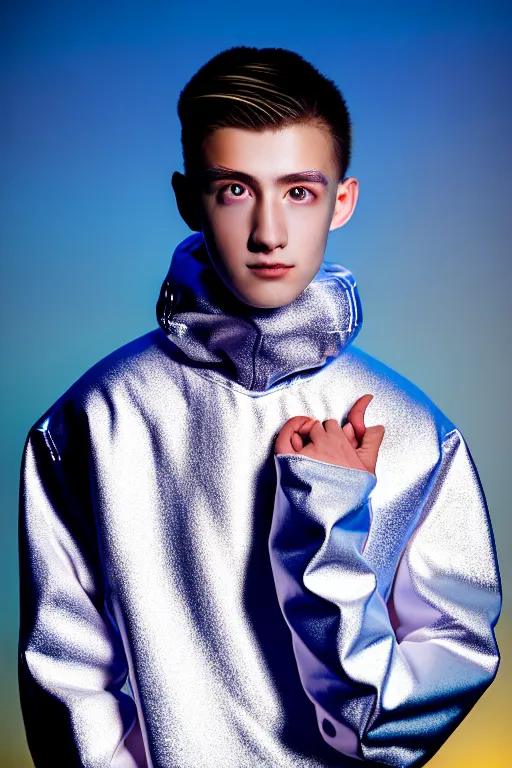 Image similar to un ultra high definition studio quality photographic art portrait of a young man standing on the rooftop of a british apartment building wearing soft baggy inflatable padded silver iridescent pearlescent clothing. three point light. extremely detailed. golden ratio, ray tracing, volumetric light, shallow depth of field. set dressed.