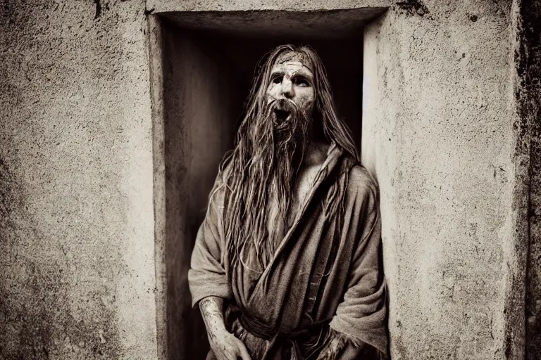 Prompt: character and environment photography, portrait shamanistic infested 3 0 - year - old male druid, messy hair, old tattered robe, medium shot, wide angle, 2 0 0 px, full front, natural light