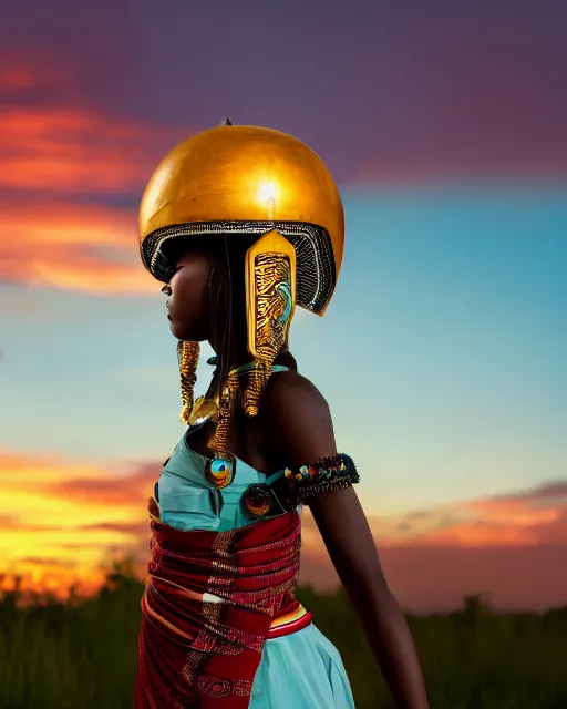 Image similar to centered medium shot fine studio photograph of a beautiful black girl wearing only a solarpunk mecha Maasai helmet with bright lights, ultra-realistic, white background, 8k HDR sunset lit, intricate design