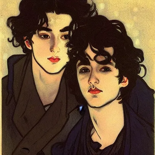 Image similar to painting of young cute handsome beautiful dark medium wavy hair man in his 2 0 s named shadow taehyung and cute handsome beautiful min - jun together at the halloween! party, bubbling cauldron!, candles!, smoke, autumn! colors, elegant, wearing suits!, delicate facial features, art by alphonse mucha, vincent van gogh, egon schiele