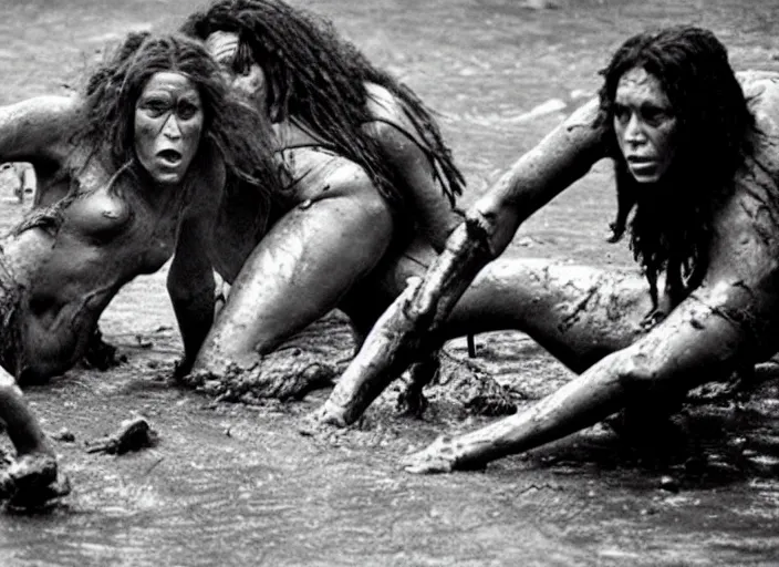 Image similar to cavewomen mud wrestling a neanderthal woman, movie still, from the movie quest for fire, 8 k, realistic