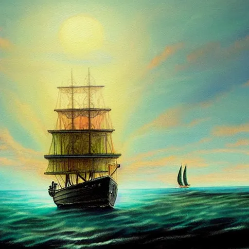 Prompt: a sailing ship off the shore of a beautiful coast with a distant ominous biopunk tower filled with evil technology glowing in the distance, painting by John Berkley