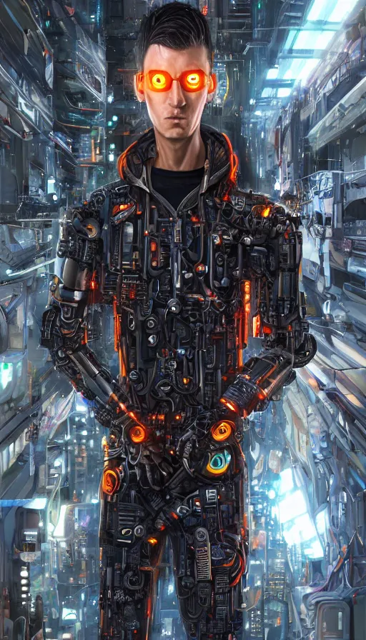 Image similar to full body head to toe portrait of a cyberpunk sci-fi cyborg netrunner bionic man, third person, D&D, sci-fi fantasy, matrix , intricate, black with shiny silver and orange fringe highlights, highly detailed, art by Range Murata, highly detailed, 3d, octane render, bright colors, digital painting, trending on artstation, sharp focus, illustration style of Stanley Artgerm, dramatic background