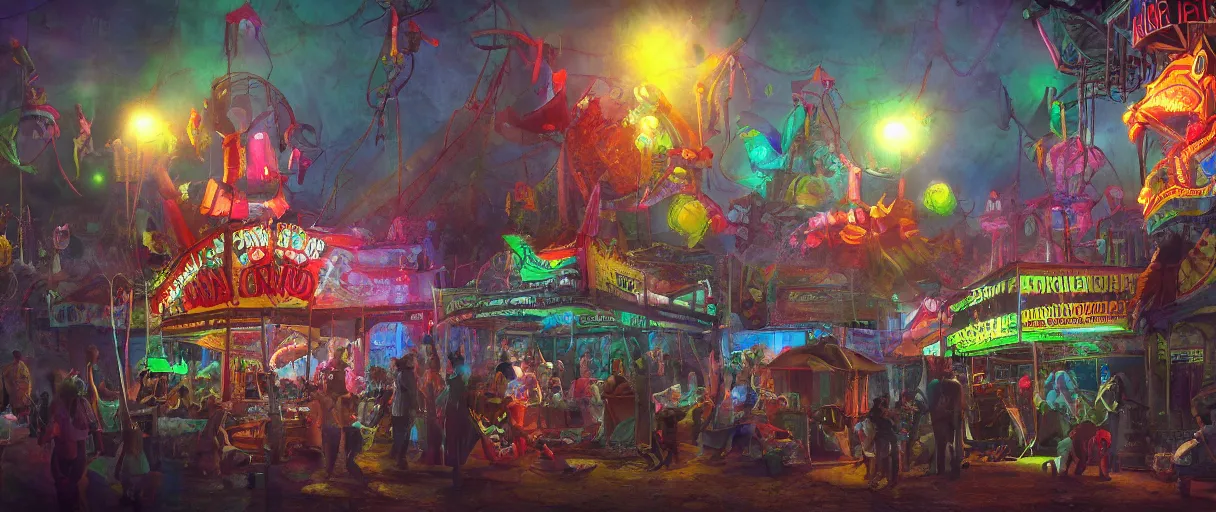 Image similar to a rendered painting of a run down horror carnival, lots of detail, volumetric lighting, concept art, digital painting, trending on artstation, vivid colours