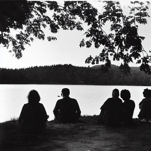 Prompt: photograph from the sixties of people sitting by a lake in summer, degraded, aged, light leak