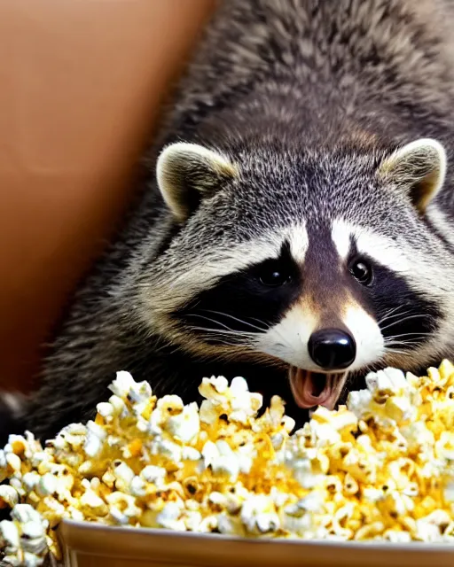 Prompt: an obese raccoon lays on it's back while watching tv from a green leather recliner, the raccoon is lazily eating from a pile of popcorn on it's belly