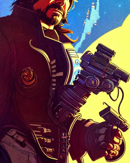 Image similar to mccree from overwatch, cyber space cowboy, character portrait, portrait, close up, concept art, intricate details, highly detailed, vintage sci - fi poster, retro future, vintage sci - fi art, in the style of chris foss, rodger dean, moebius, michael whelan, and gustave dore