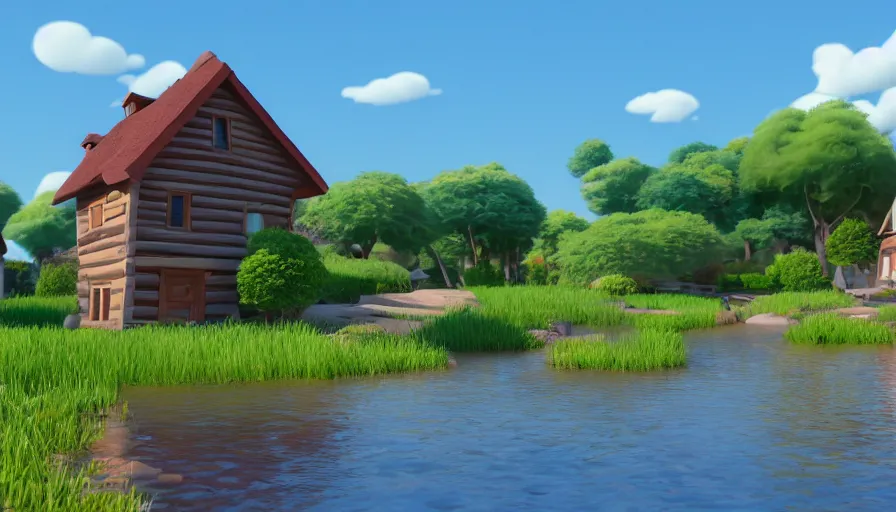 Prompt: a serene landscape with a singular building in the style of Pixar, super realistic, highly detailed, 8k