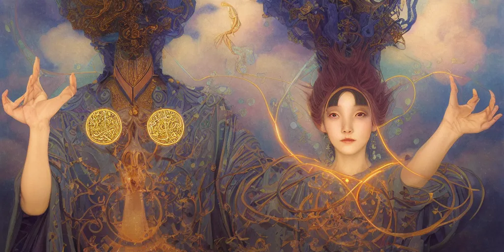 Image similar to a ultra - detailed beautiful painting major arcana the magician, sigils, runes, magical items, by hsiao ron cheng, ngai victo, nivanh chanthara jean delville wlop and dougherty patrick, trending on artstation, orb of agamento, light sparkles,, sky, sharp focus, soft light